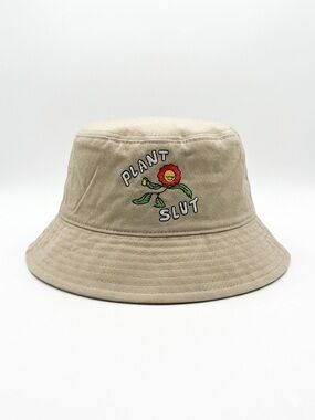 Beige 'Plant S***' Embroidered Cotton Bucket Hat